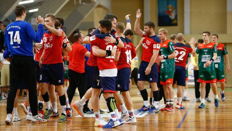 08 09 2019, xtgx, Handball 3 League, SC Magdeburg II TUS VinnhorstI emspor, v l Vinnhorst Jubel über den Sieg, Jubel nach Spielende Magdeburg