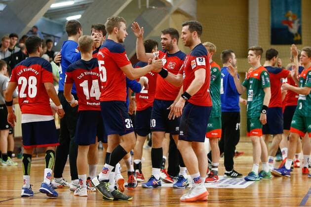 08 09 2019, xtgx, Handball 3 League, SC Magdeburg II TUS VinnhorstI emspor, v l Vinnhorst Jubel über den Sieg, Jubel nach Spielende Magdeburg