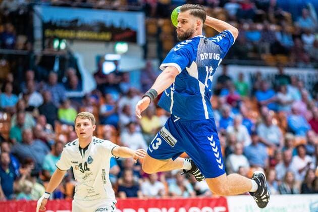 Tim Bielzer 13 Dessau Rosslauer HV 06 , Christopher Rix 34 HG Hamburg Barmbek during the match in the 3 League Handball Men Season 2019 2020 between Dessau Rosslauer HV 06 and TV 05 07 Hüttenberg in the Anhalt Arena on 8 September 2019 in Dessau Rosslau, Saxony Anhalt, Germany