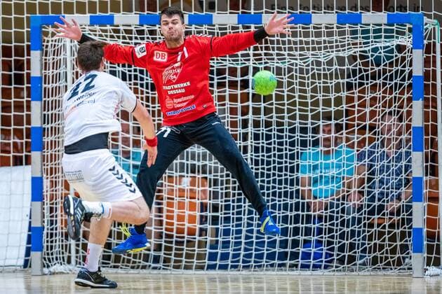 Tom Landgraf 71 Dessau Rosslauer HV 06 , Arne Eschweiler 22 HG Hamburg Barmbek during the match in the 3 League Handball Men Season 2019 2020 between Dessau Rosslauer HV 06 and TV 05 07 Hüttenberg in the Anhalt Arena on 8 September 2019 in Dessau Rosslau, Saxony Anhalt, Germany