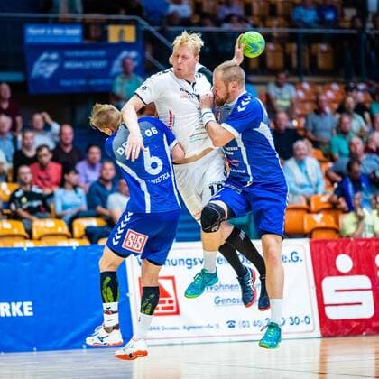 vlr Jakub Hrstka 6 Dessau Rosslauer HV 06 , Michael Knitrup 18 HG Hamburg Barmbek , Libor Hanisch 7 Dessau Rosslauer HV 06 during the match in the 3 League Handball Men Season 2019 2020 between Dessau Rosslauer HV 06 and TV 05 07 Hüttenberg in the Anhalt Arena on 8 September 2019 in Dessau Rosslau, Saxony Anhalt, Germany
