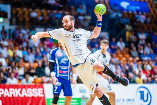 Christoph Wischniewski 15 HG Hamburg Barmbek during the match in the 3 League Handball Men Season 2019 2020 between Dessau Rosslauer HV 06 and TV 05 07 Hüttenberg in the Anhalt Arena on 8 September 2019 in Dessau Rosslau, Saxony Anhalt, Germany