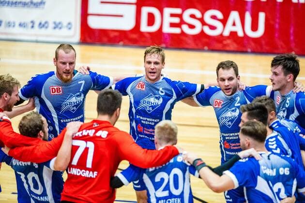 Jubilation at the Dessau Rosslauer HV 06 after the 33 29 victory during the match in the 3 League Handball Men Season 2019 2020 between Dessau Rosslauer HV 06 and TV 05 07 Hüttenberg in the Anhalt Arena on 8 September 2019 in Dessau Rosslau, Saxony Anhalt, Germany