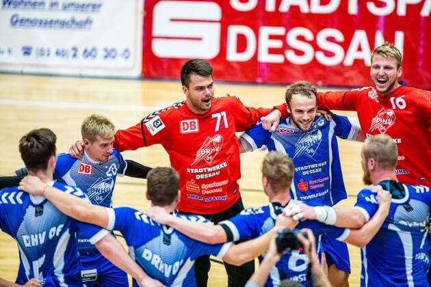 Jubilation at the Dessau Rosslauer HV 06 after the 33 29 victory during the match in the 3 League Handball Men Season 2019 2020 between Dessau Rosslauer HV 06 and TV 05 07 Hüttenberg in the Anhalt Arena on 8 September 2019 in Dessau Rosslau, Saxony Anhalt, Germany