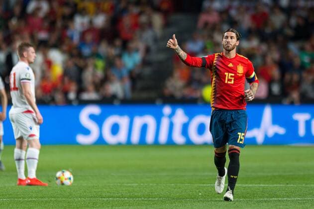 Gijon, Spain 08 09 2019, UEFA European Championship Qualification, Matchday 6, Group F, Spain Faeroer Islands, Sergio Ramos Spain gestures Gijon El Molinon Spain eu images 01059002004 eu-images-059
