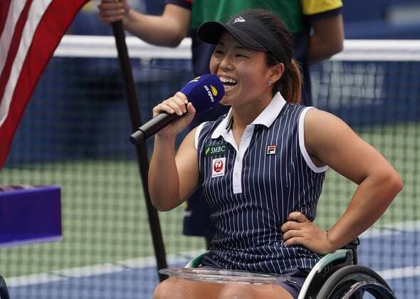 Yui Kamiji, of Japan, addresses the fans after losing to Diede De Groot, of The Netherlands, in their wheelchair championship match at the 2019 US Open Tennis Championships at the USTA Billie Jean King National Tennis Center on Sunday, September 8, 2019 in New York City.  NYP20190908507 RAYxSTUBBLEBINE