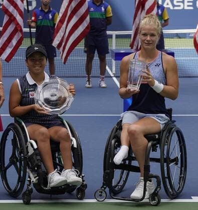 Yui Kamiji, of Japan, and Diede De Groot, (R) of The Netherlands hold their trophies after De Groot won their wheelchair championship match at the 2019 US Open Tennis Championships at the USTA Billie Jean King National Tennis Center on Sunday, September 8, 2019 in New York City.  NYP20190908508 RAYxSTUBBLEBINE