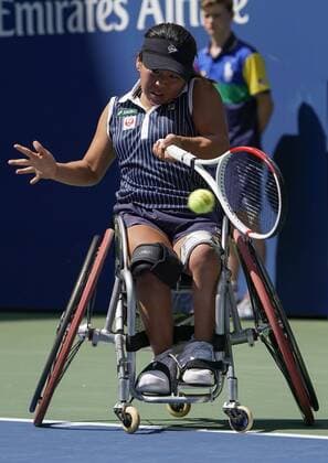 Yui Kamiji, of Japan, returns a shot from Diede De Groot, of The Netherlands in their championship match at the 2019 US Open Tennis Championships at the USTA Billie Jean King National Tennis Center on Sunday, September 8, 2019 in New York City.  NYP20190908510 RAYxSTUBBLEBINE