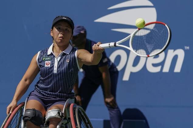 Yui Kamiji, of Japan, returns a shot from Diede De Groot, of The Netherlands in their championship match at the 2019 US Open Tennis Championships at the USTA Billie Jean King National Tennis Center on Sunday, September 8, 2019 in New York City.  NYP20190908501 RAYxSTUBBLEBINE