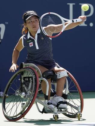 Yui Kamiji, of Japan, returns a shot from Diede De Groot, of The Netherlands in their championship match at the 2019 US Open Tennis Championships at the USTA Billie Jean King National Tennis Center on Sunday, September 8, 2019 in New York City.  NYP20190908502 RAYxSTUBBLEBINE