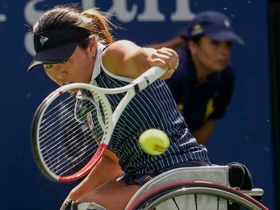Yui Kamiji, of Japan, returns a shot from Diede De Groot, of The Netherlands in their championship match at the 2019 US Open Tennis Championships at the USTA Billie Jean King National Tennis Center on Sunday, September 8, 2019 in New York City.  NYP20190908504 RAYxSTUBBLEBINE