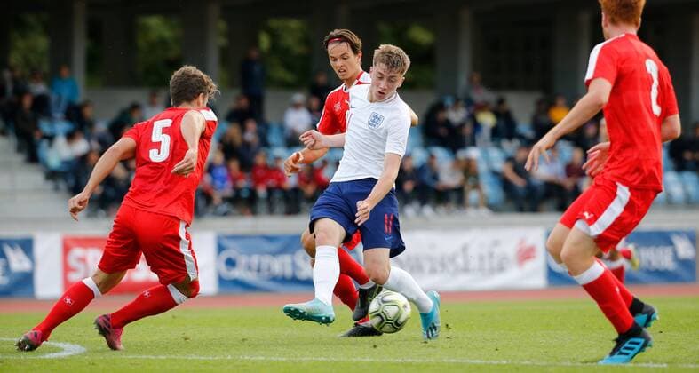 09 09 2019 Basel , SWITZERLAND , Season 2019 2020 Men Football International U20 Switzerland England Jack Clarke England U20 against Lindrit Kamberi 5 and Gabriel Bares Switzerland U20