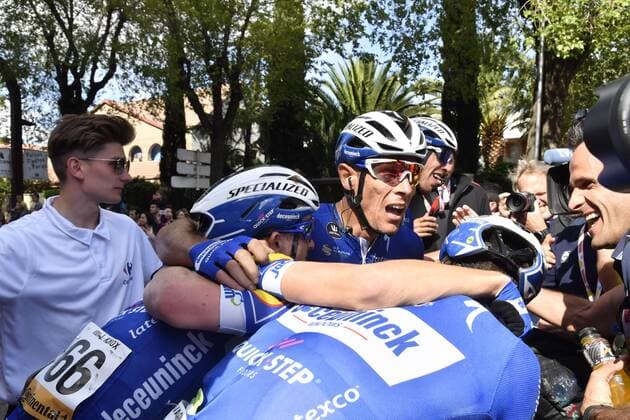 Belgian Philippe Gilbert (C) celebrates with his teammates of Deceuninck - Quick-Step after winning stage 17 of the 2019 edition of the Vuelta a Espana , Tour of Spain cycling race, from Aranda de Duero to Guadalajara (219,6 km), Wednesday 11 September 2019. - FRANCE OUT YUZURUxSUNADA  x05659683x