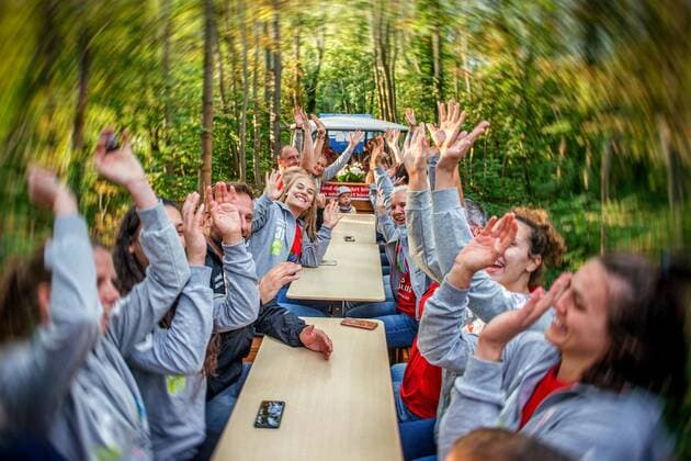 The whole team and management during the trip with the Peißnitzexpress season opening with the fanclub Saalemiezen at the Parkeisenbahn Peißnitzexpress SV Union Halle Neustadt Wildcats Handball 2 Bundesliga season 2019 2020 Copyright xVIADATAx xHolgerxJohnx Halle Saale Sachsen Anhalt Germany