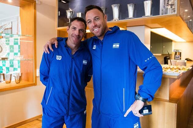 2019 Davis Cup Sweden v Israel 190912 Jonathan Erlich ISR and coach Noam Okun ISR ahead of the draw ceremony on September 12, 2019 in Stockholm,  Copyright: ANDREASxLxERIKSSON BB190912AE020