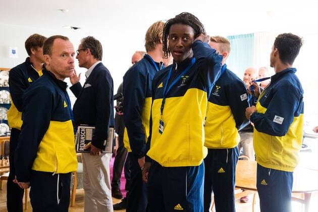2019 Davis Cup Sweden v Israel 190912 Captain Johan Hedsberg SWE and Mikael Ymer SWE ahead of the draw ceremony on September 12, 2019 in Stockholm,  Copyright: ANDREASxLxERIKSSON BB190912AE021
