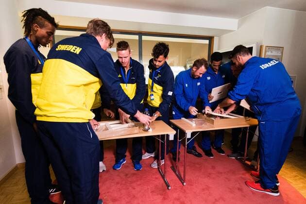 2019 Davis Cup Sweden v Israel 190912 The Swedish and Israeli teams assembles a chair from IKEA a ahead of the draw ceremony on September 12, 2019 in Stockholm,  Copyright: ANDREASxLxERIKSSON BB190912AE024