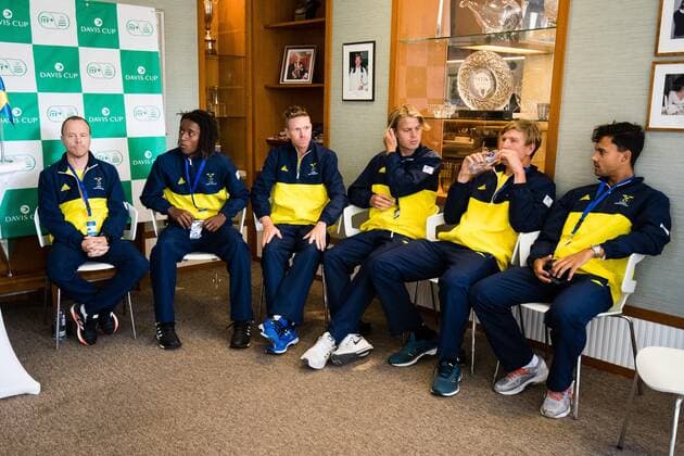 2019 Davis Cup Sweden v Israel 190912 Captain Johan Hedsberg SWE, Mikael Ymer SWE, Markus Eriksson SWE, Gustav Hansson SWE, Andre Goransson SWE and Jonathan Mridha SWE during the draw ceremony on September 12, 2019 in Stockholm,  Copyright: ANDREASxLxERIKSSON BB190912AE030