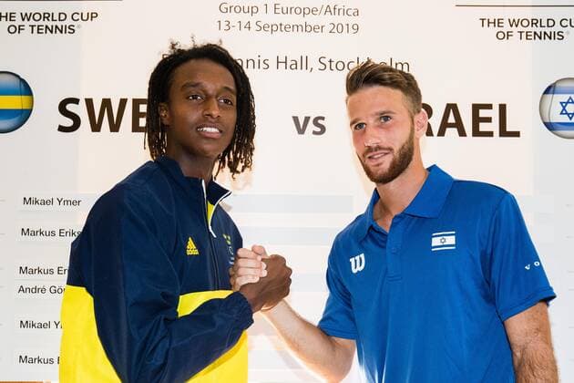 2019 Davis Cup Sweden v Israel 190912 Mikael Ymer SWE and Edan Leshem ISR during the draw ceremony on September 12, 2019 in Stockholm,  Copyright: ANDREASxLxERIKSSON BB190912AE031
