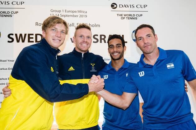 2019 Davis Cup Sweden v Israel 190912 Andre Goransson SWE , Markus Eriksson SWE , Daniel Cukierman ISR and Jonathan Erlich ISR during the draw ceremony on September 12, 2019 in Stockholm,  Copyright: ANDREASxLxERIKSSON BB190912AE035