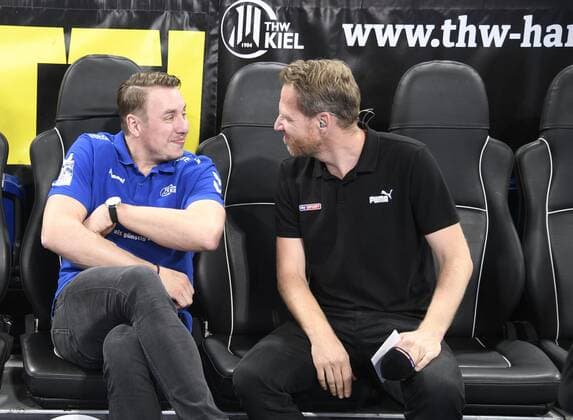 THW Trainer Filip Jicha left with Sky Reporter Markus Götz, Handball Bundesliga, Liqui Moly HBL, Men, 5 Matchday, THW Kiel vs SG Flensburg Handewitt, 12 09 19 Kiel Sparkassen Arena Schleswig Holstein Germany