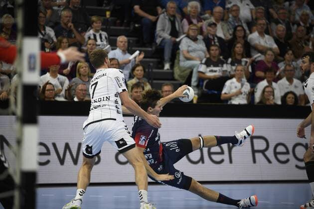 Magnus Röd SG Flensburg Handewitt vs Magnus Landin Jacobsen THW Kiel , Handball Bundesliga, Liqui Moly HBL, Men, 5 Matchday, THW Kiel vs SG Flensburg Handewitt, 12 09 19 Kiel Sparkassen Arena Schleswig Holstein Germany