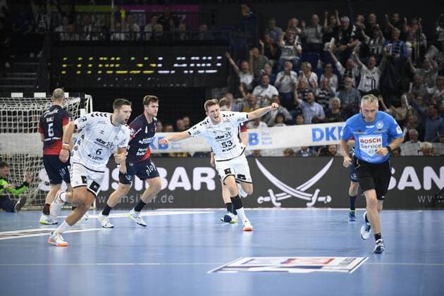Jubilation at Nikola Bilyk THW Kiel , Handball Bundesliga, Liqui Moly HBL, Men, 5 Matchday, THW Kiel vs SG Flensburg Handewitt, 12 09 19 Kiel Sparkassen Arena Schleswig Holstein Germany