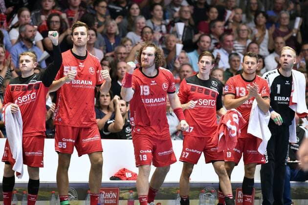Jubilation at MT Bank Timm Schneider MT Melsungen M , Johan Sjoestrand Goalkeeper MT Melsungen R , GER, MT Melsungen SC Magdeburg, Handball, 1 Bundesliga Maenner, 12 09 2019, GER, MT Melsungen SC Magdeburg, Handball, 1 Liga Maenner, 12 09 2019 Kassel Copyright: xEIBNER RolandxSippelx EP_RSL