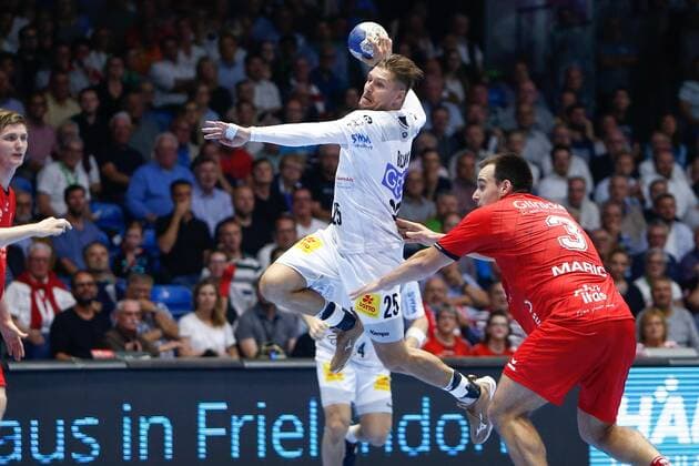 12 09 2019, xtgx, handball Luqui Moly HBL, MT Melsungen SC Magdeburg emspor, v l Marko Bezjak Magdeburg, 25 scores goal, scorer, scored goal, scores the goal Kassel, Germany
