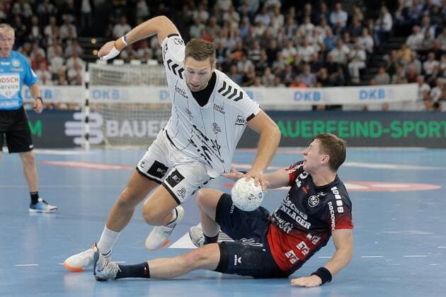 1 Handball Bundesliga THW Kiel Flensburg Handewitt, Kiel, 12 9 2019 Harald Reinkind Kiel, 6 in duel against Göran Johannessen Flensburg , 23 Copyright: xBEAUTIFULxSPORTS DRPx