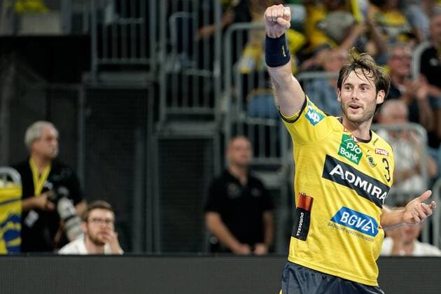 Uwe Gensheimer RNL, 3 , cheers on a goal, jubilation, goal jubilation, goal success, celebrate the goal, goal, celebration, cheer on the goal, optimistic, game scene, highlight, single picture, action, action, 12 09 2019, Mannheim, handball, Bundesliga, Rhein Neckar Löwen HBW Balingen Weilstetten xozx