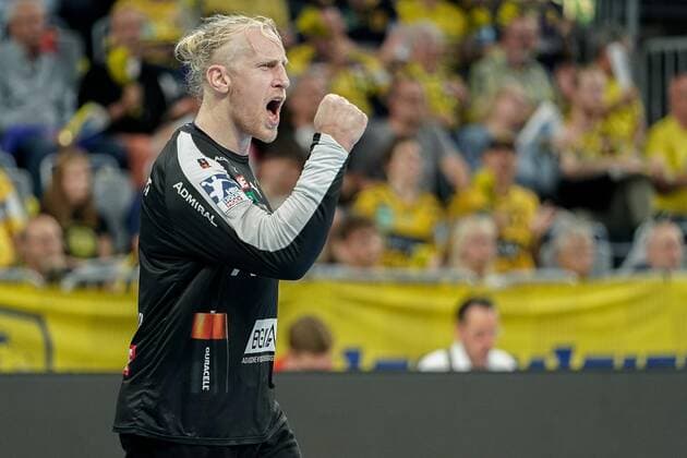 Mikael Alf Appelgren Goalkeeper, RNL, 1 , cheers on a goal, jubilation, goal jubilation, goal success, celebrate the goal, goal, celebration, cheer on the goal, optimistic, game scene, highlight, single picture, action, action, 12 09 2019, Mannheim, Handball, Bundesliga, Rhein Neckar Löwen HBW Balingen Weilstetten xozx