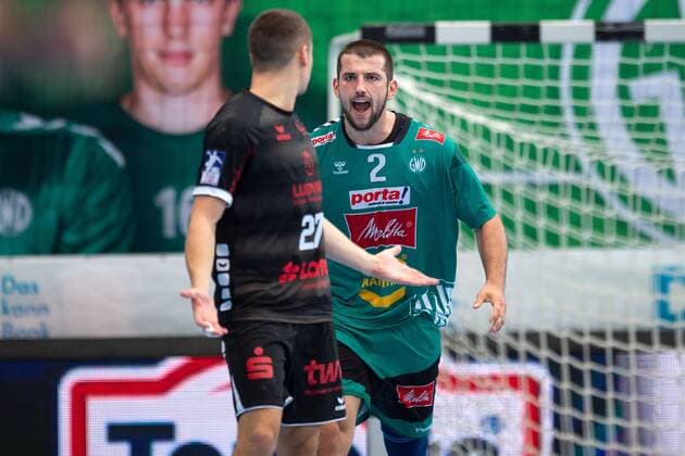 Minden, Germany 12 09 2019 1 Handball Bundesliga 2019 2020 GWD Minden vs. Die Eulen Ludwigshafen L R Jerome Müller Ludwigshafen , Lucas Meister Minden Minden North Rhine-Westphalia Germany Kampa Halle