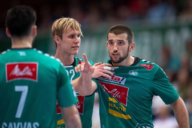 Minden, Germany 12 09 2019 1 Handball Bundesliga 2019 2020 GWD Minden vs. Die Eulen Ludwigshafen L R Savvas Savvas Minden , Marian Michalczik Minden , Lucas Meister Minden Minden Nordrhein Westfalen Germany Kampa Halle