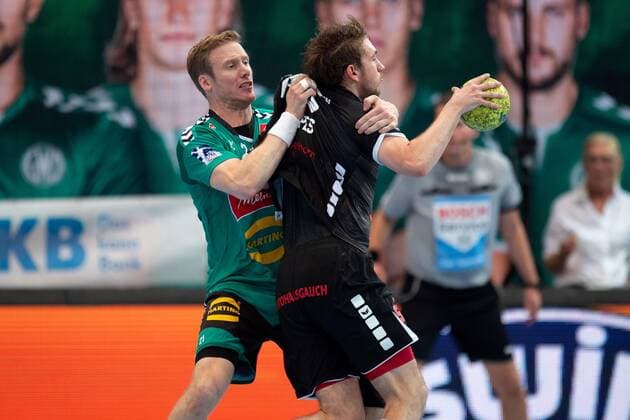 Minden, Germany 12 09 2019 1 Handball Bundesliga 2019 2020 GWD Minden vs Die Eulen Ludwigshafen L R Magnus Gullerud Minden , Dominik Mappes Ludwigshafen Minden Nordrhein Westfalen Germany Kampa Halle