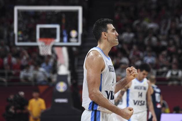 (190913) -- BEIJING, Sept. 13, 2019 -- Luis Scola (front) of Argentina celebrates during the semifinal match between Argentina and France at the 2019 FIBA World Cup in Beijing, capital of China, Sept. 13, 2019. ) (SP)CHINA-BEIJING-BASKETBALL-FIBA WORLD CUP-SEMI FINALS-ARG VS FRA(CN) ZhangxChenlin 