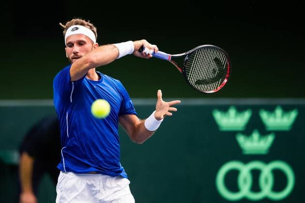 2019 Davis Cup Sweden v Israel 190913 Edan Leshem of Israel during the Davis Cup qualification tennis match between Sweden and Israel on September 13, 2019 in Stockholm,  Copyright: JOHANNAxLUNDBERG BB190913JL008