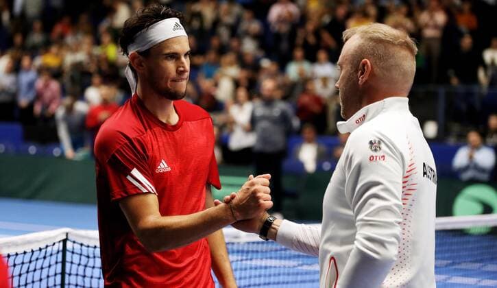 TENNIS - Davis Cup, FIN vs AUT ESPOO,FINLAND,13.SEP.19 - TENNIS - ITF Davis Cup, first round, Finland vs Austria. Image shows Dominic Thiem and captain Stefan Koubek (AUT). GEPAxpictures xMatthiasxHauer