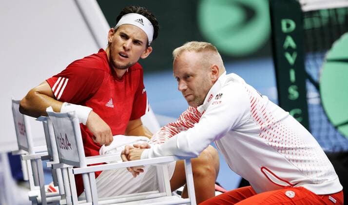 TENNIS - Davis Cup, FIN vs AUT ESPOO,FINLAND,13.SEP.19 - TENNIS - ITF Davis Cup, first round, Finland vs Austria. Image shows Dominic Thiem and captain Stefan Koubek (AUT). GEPAxpictures xMatthiasxHauer