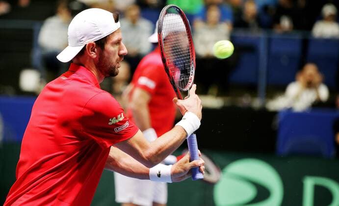 TENNIS - Davis Cup, FIN vs AUT ESPOO,FINLAND,14.SEP.19 - TENNIS - ITF Davis Cup, first round, Finland vs Austria. Image shows Juergen Melzer and Oliver Marach (AUT). GEPAxpictures xMatthiasxHauer
