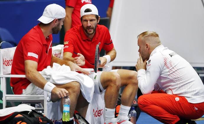 TENNIS - Davis Cup, FIN vs AUT ESPOO,FINLAND,14.SEP.19 - TENNIS - ITF Davis Cup, first round, Finland vs Austria. Image shows Oliver Marach, Juergen Melzer and captain Stefan Koubek (AUT). GEPAxpictures xMatthiasxHauer