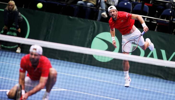 TENNIS - Davis Cup, FIN vs AUT ESPOO,FINLAND,14.SEP.19 - TENNIS - ITF Davis Cup, first round, Finland vs Austria. Image shows Oliver Marach and Juergen Melzer (AUT). GEPAxpictures xMatthiasxHauer