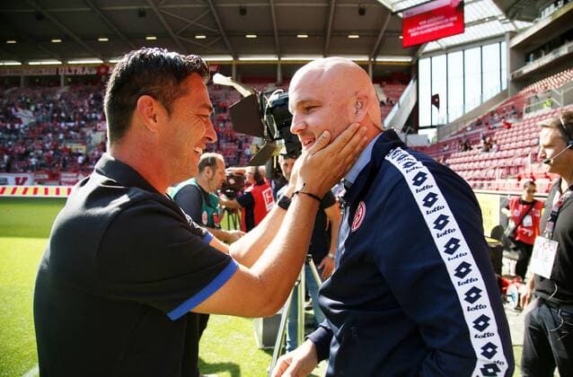 Ante Covic coach Hertha BSC with Rouven Schröder Vorstnad Sport Mainz 05 right, soccer, 1 Bundesliga 1 FSV Mainz 05 Hertha BSC, 4 matchday on 14 09 2019, season 2019 20, ZmdZ, According to the DFL Deutsche Fußball Liga it is prohibited, to use or have used photographs taken in the stadium and or from the match in the form of sequence images and or video-like photo sequences DFL regulations prohibit any use of photographs as image sequences and or quasi video 1 FSV Mainz 05 Hertha BSC