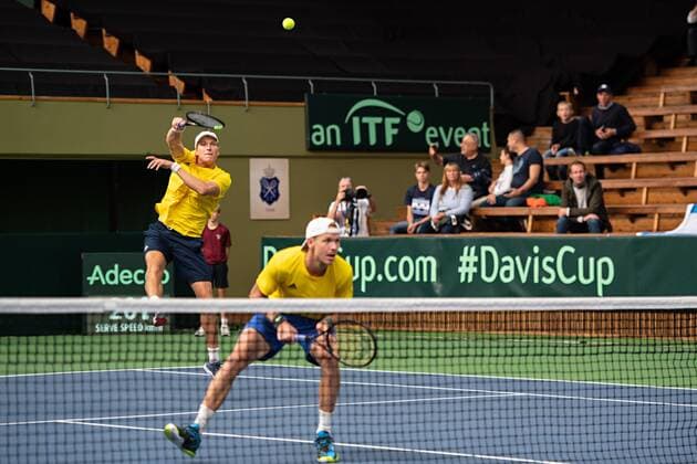 2019 Davis Cup Sweden v Israel 190914 Markus Eriksson and Andre Göransson of Sweden during the Davis Cup qualification tennis match between Sweden and Israel on September 14, 2019 in Stockholm,  Copyright: JOHANNAxLUNDBERG BB190914JL002