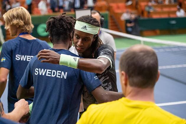 2019 Davis Cup Sweden v Israel 190914 Mikael Ymer and Elias Ymer of Sweden celebrating after the Davis Cup qualification tennis match between Sweden and Israel on September 14, 2019 in Stockholm,  Copyright: JOHANNAxLUNDBERG BB190914JL008