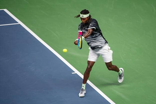 2019 Davis Cup Sweden v Israel 190914 Mikael Ymer of Sweden during the Davis Cup qualification tennis match between Sweden and Israel on September 14, 2019 in Stockholm,  Copyright: JOHANNAxLUNDBERG BB190914JL014