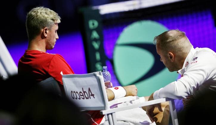 TENNIS - Davis Cup, FIN vs AUT ESPOO,FINLAND,14.SEP.19 - TENNIS - ITF Davis Cup, first round, Finland vs Austria. Image shows Dennis Novak and captain Stefan Koubek (AUT). GEPAxpictures xMatthiasxHauer