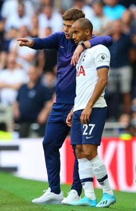 Tottenham Hotspur manager Mauricio Pochettino talks to Lucas Moura of Tottenham Hotspur as he prepares to come on as a subsitute during the Premier League match at the Tottenham Hotspur Stadium, London. Picture date: 14th September 2019. Picture credit should read: Craig Mercer Sportimage EDITORIAL USE ONLY. No use with unauthorised audio, video, data, fixture lists, club league logos or live services. Online in-match use limited to 120 images, no video emulation. No use in betting, games or single club league player publications. SPI-0199-0050