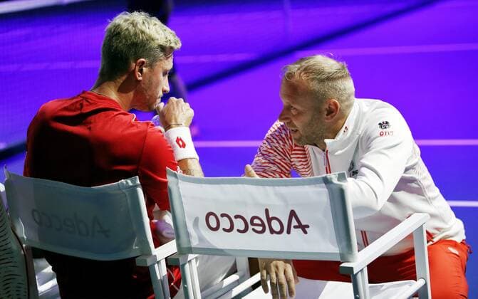 TENNIS - Davis Cup, FIN vs AUT ESPOO,FINLAND,14.SEP.19 - TENNIS - ITF Davis Cup, first round, Finland vs Austria. Image shows Dennis Novak and captain Stefan Koubek (AUT). GEPAxpictures xMatthiasxHauer
