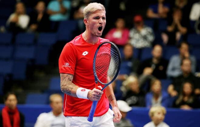 TENNIS - Davis Cup, FIN vs AUT ESPOO,FINLAND,14.SEP.19 - TENNIS - ITF Davis Cup, first round, Finland vs Austria. Image shows the rejoicing of Dennis Novak (AUT). GEPAxpictures xMatthiasxHauer